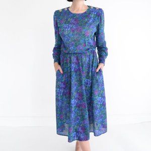 Vintage Stewart Allan Green and Purple Retro Floral  Long Sleeve Midi Dress 12
